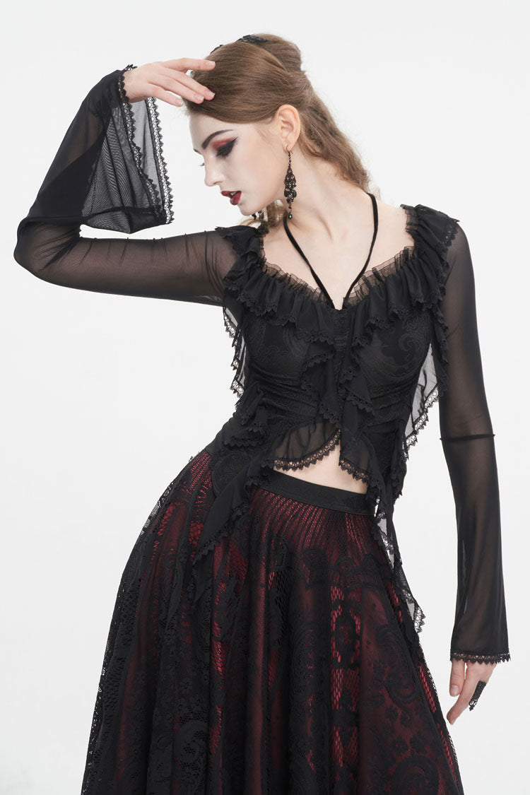 Black Lace Up Ruffled Trumpet Sleeves Mesh Women's Gothic Shirt - Product - 3