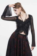Black Lace Up Ruffled Trumpet Sleeves Mesh Women's Gothic Shirt - Product - 3