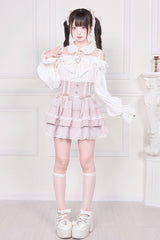 Jirai Kei Off Shoulder Long Sleeves Print Bowknot Lace-Up Sweet Japanese Blouse 3 Colors - Product - 20