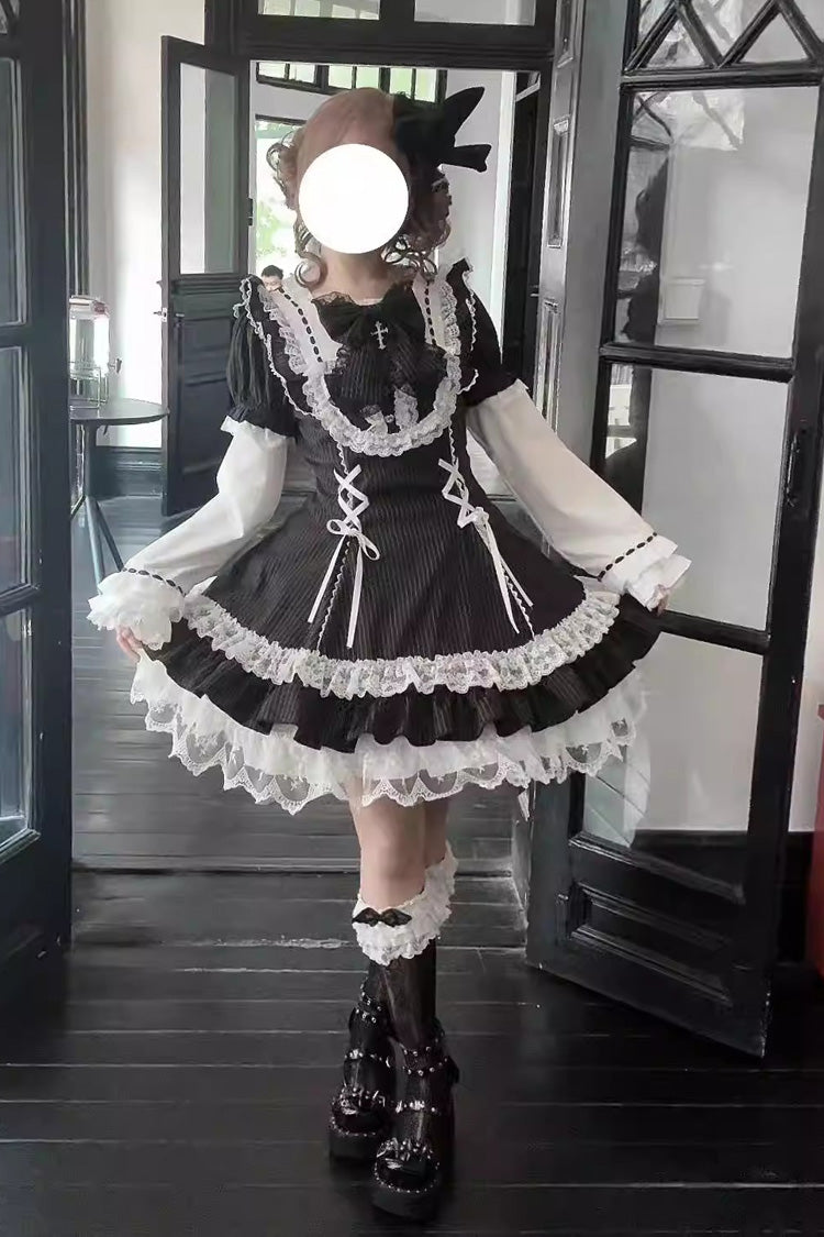 Black [Pilgrimage Rabbit] Round Collar Short Sleeves Triple-Layered Striped Printed Ruffled Bow Lace-Up Gothic Lolita Dress - Product - 5
