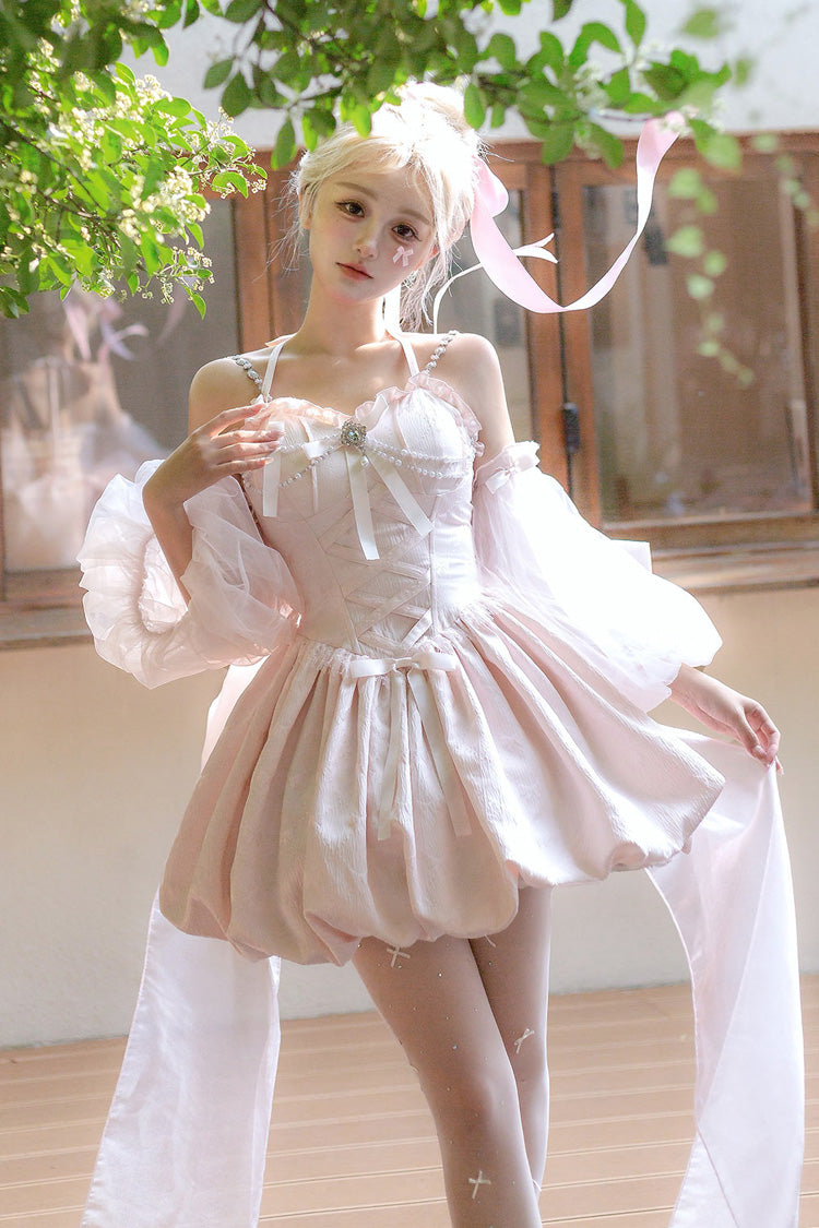 Pink [The Runaway Princess] Sleeveless Ruffle Bowknot Lace-Up Sweet Lolita Jsk Tulip Dress Set - Product - 2