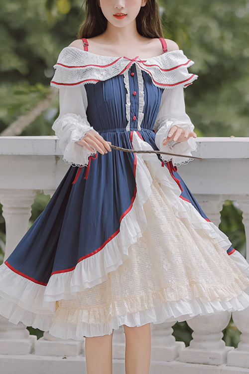 Blue/White Strapless Ruffled Long Sleeve ChiffonHigh Waisted Sweet Lolita Dress - Blue/White - 1