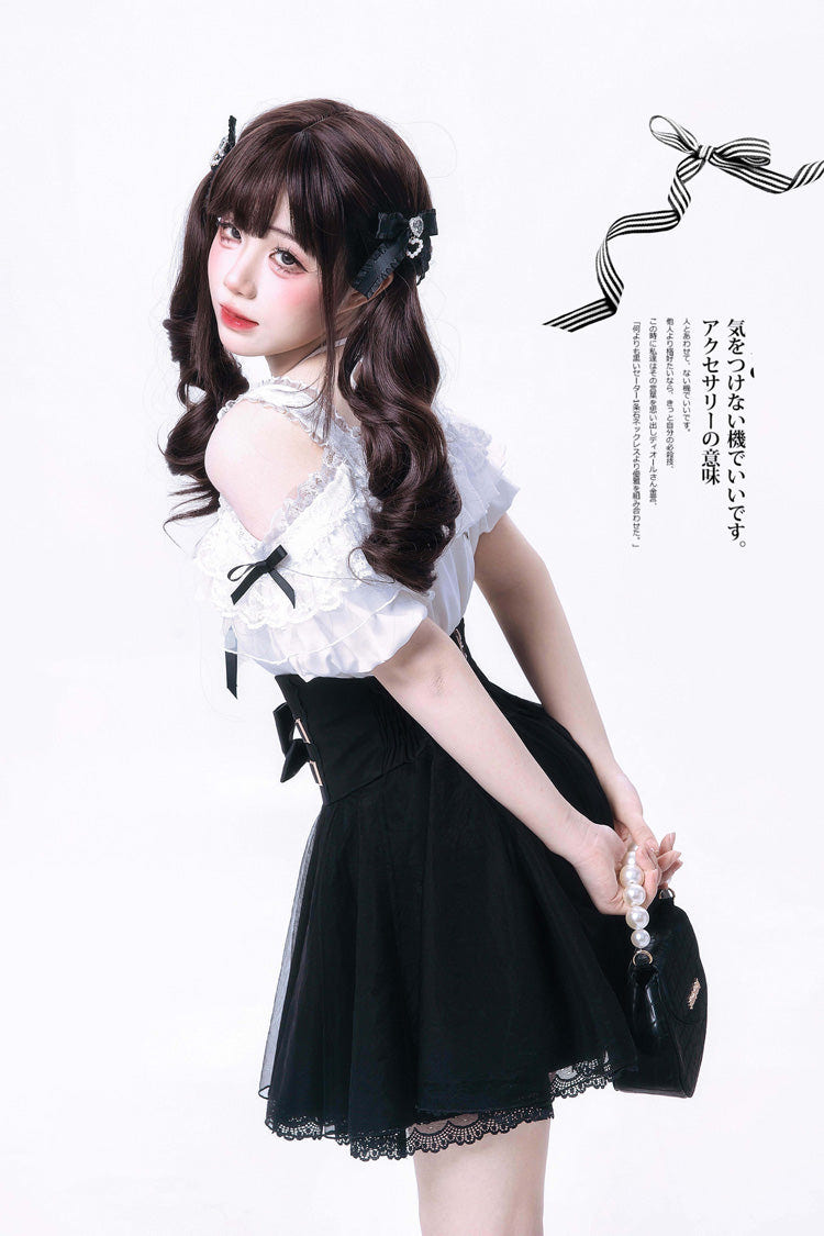Black/White [Sixteenth Night] Off Shoulder Short Sleeves Plaid Printed Bow Classic Japanese Jirai Kei Skirt Set - Product - 7