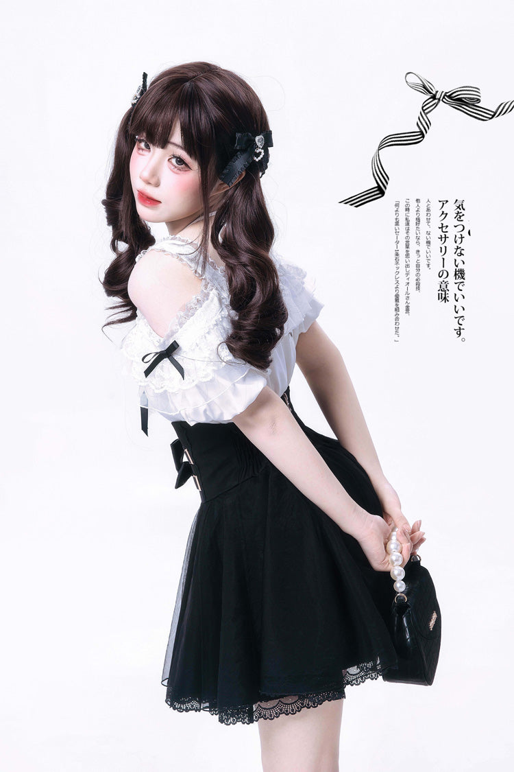 Black/White [Sixteenth Night] Off Shoulder Short Sleeves Plaid Printed Bow Classic Japanese Jirai Kei Skirt Set - Product - 7