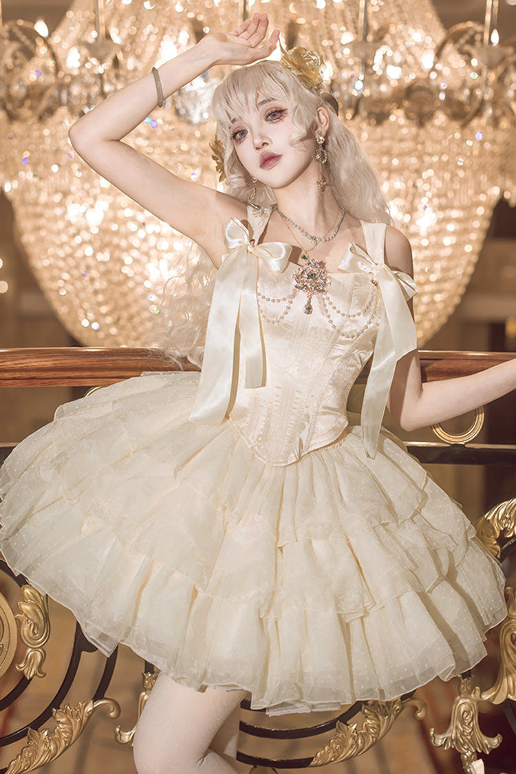 Champagne [Cream Polka Dots] Sleeveless Jacquard Bowknot Slim Sweet Ballet Lolita Skirt Dress - Product - 3