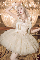 Champagne [Cream Polka Dots] Sleeveless Jacquard Bowknot Slim Sweet Ballet Lolita Skirt Dress - Product - 3