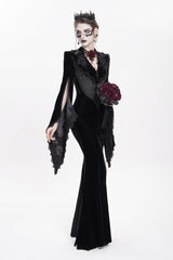 Black V Collar Long Trumpet Sleeves Floral Embroidered Velvet Women's Gothic Dress - Product - 13