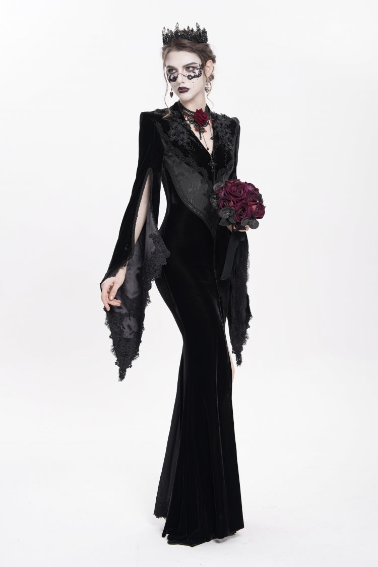 Black V Collar Long Trumpet Sleeves Floral Embroidered Velvet Women's Gothic Dress - Product - 13