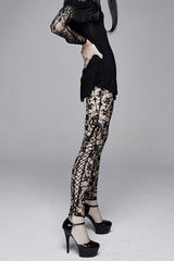 Brown Flocking Printing Mesh Side Lace Up Leggings Womens Pants - Product - 4