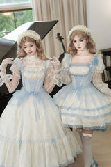 Ivory [Sea Salt Iced Tea] Square Collar Flying Sleeves Ruffle Fishbone Sweet Lolita Jsk Long Dress - Product - 15