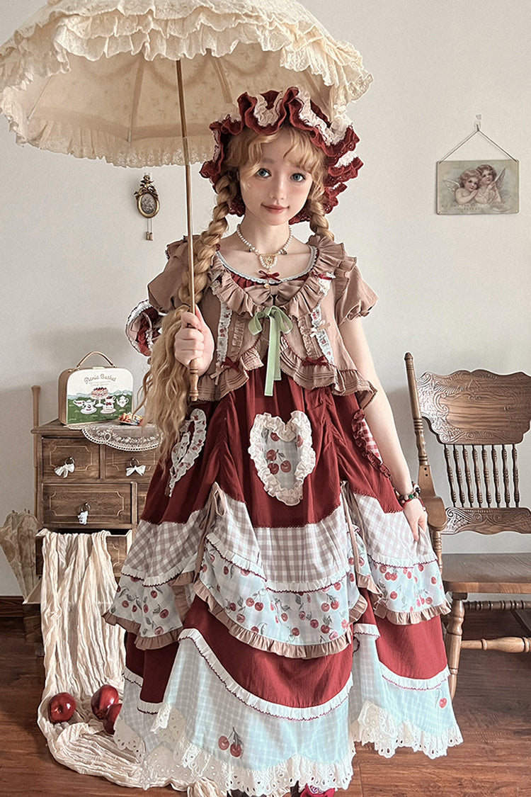 Multi-Color Cherry Print Short Sleeves Multi-Layered Ruffle Embroidery Sweet (Dress Only) detail view 3