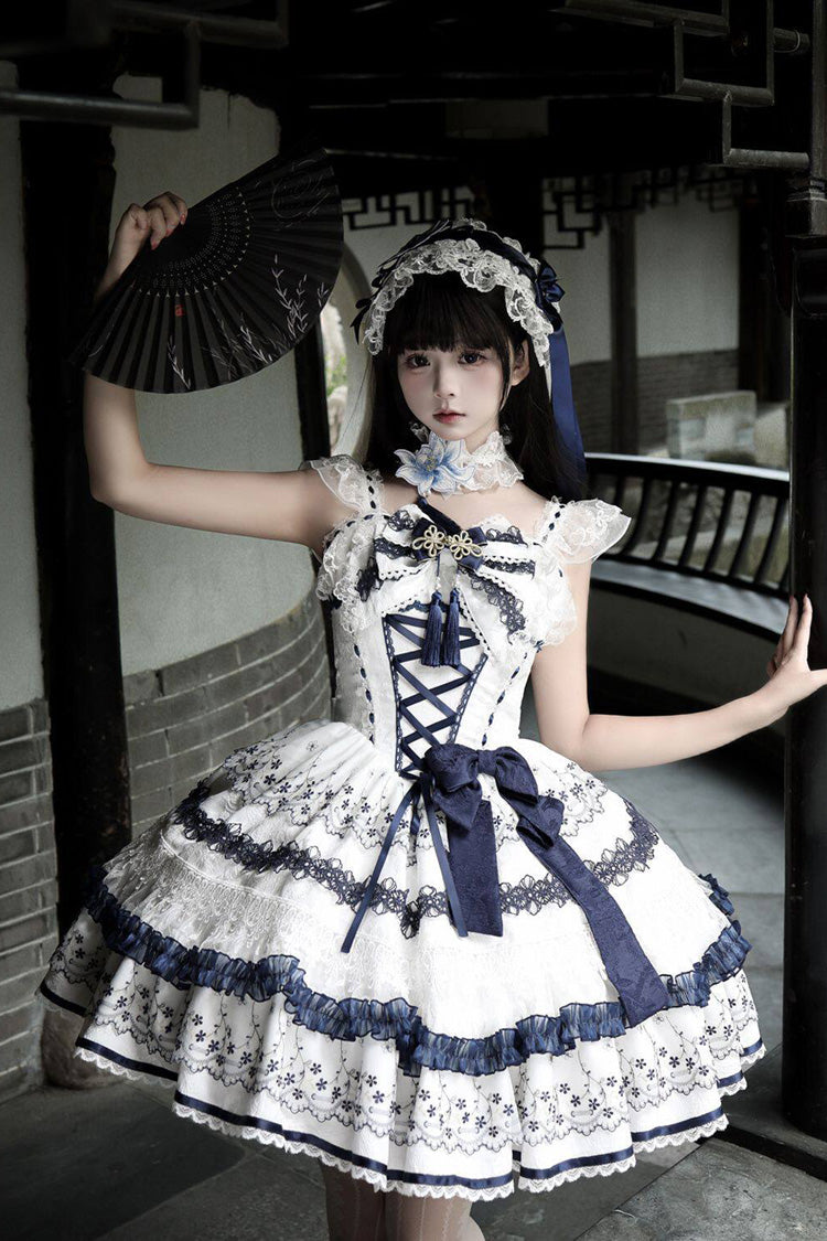 White/Blue [Mandarin Duck Rhapsody] Sleeveless Porcelain Printed Ruffled Bow Lace Chinese Style Sweet Lolita Jsk Dress - Product - 3