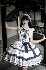 White/Blue [Mandarin Duck Rhapsody] Sleeveless Porcelain Printed Ruffled Bow Lace Chinese Style Sweet Lolita Jsk Dress - Product - 3