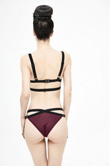 Black Red Lace Cross Strap Burgundy Gothic Swimsuit Set - Product - 7