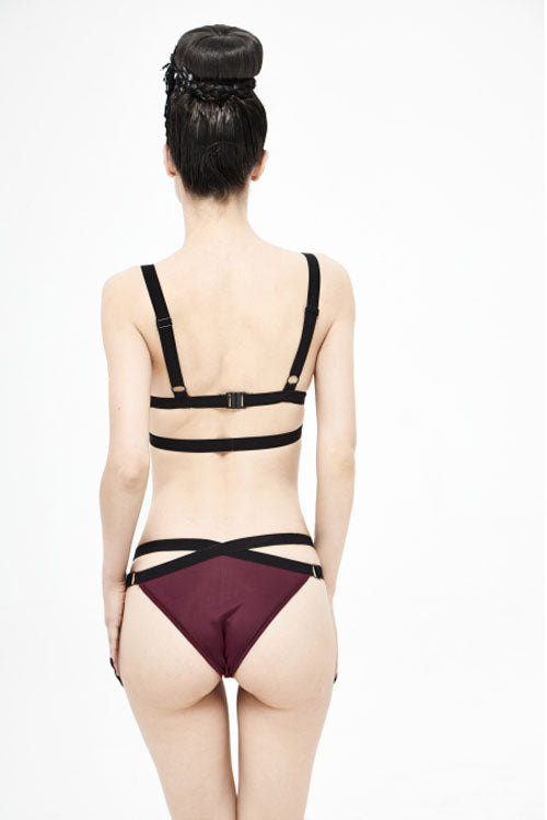 Black Red Lace Cross Strap Burgundy Gothic Swimsuit Set - Product - 7