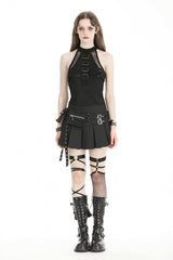 Black Women's Punk Buckled Eyelet Multi-Pockets Pleated Mini Skirt - Product - 5