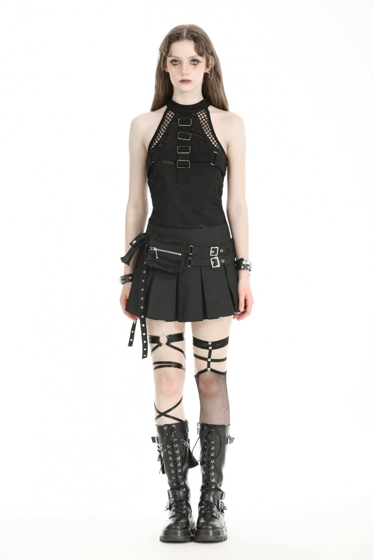 Black Women's Punk Buckled Eyelet Multi-Pockets Pleated Mini Skirt - Product - 5