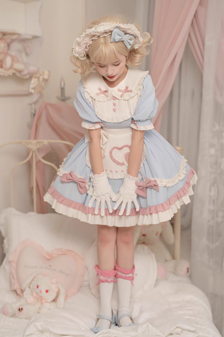 Blue Short Puff Sleeves Ruffle Bowknot Maid Sweet Princess Lolita Dress - Product - 2