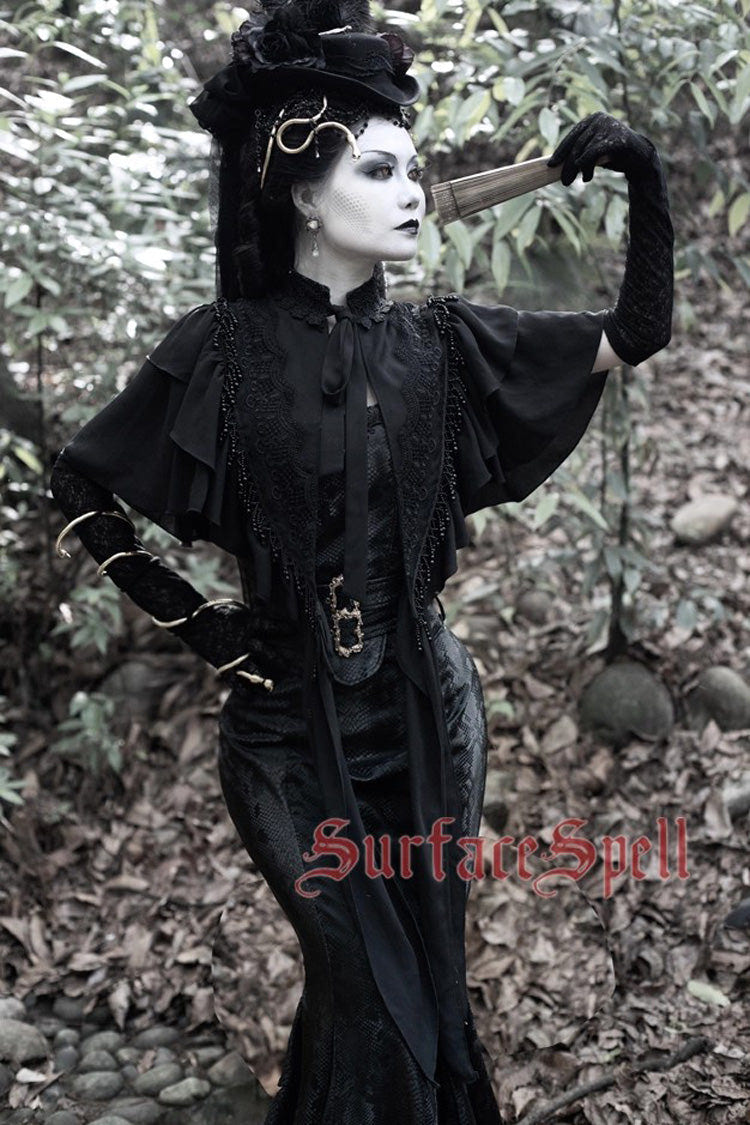 Black Faux Leather Snake Print Flared Fishbone Mermaid Gothic Lolita Skirt - Product - 2