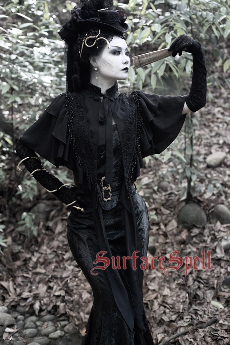 Black Faux Leather Snake Print Flared Fishbone Mermaid Gothic Lolita Skirt - Product - 2