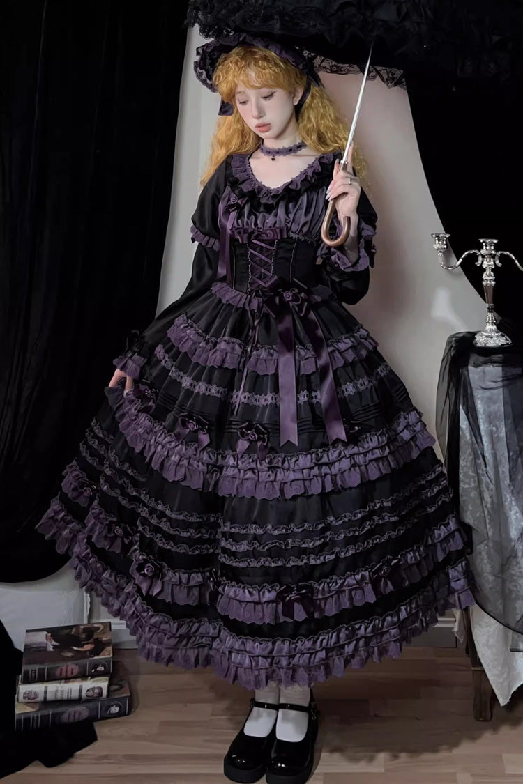 Black/Purple [Layered Blackcurrant] Short Sleeves Ruffle Bowknot Lace Sweet Lolita Dress - Product - 4