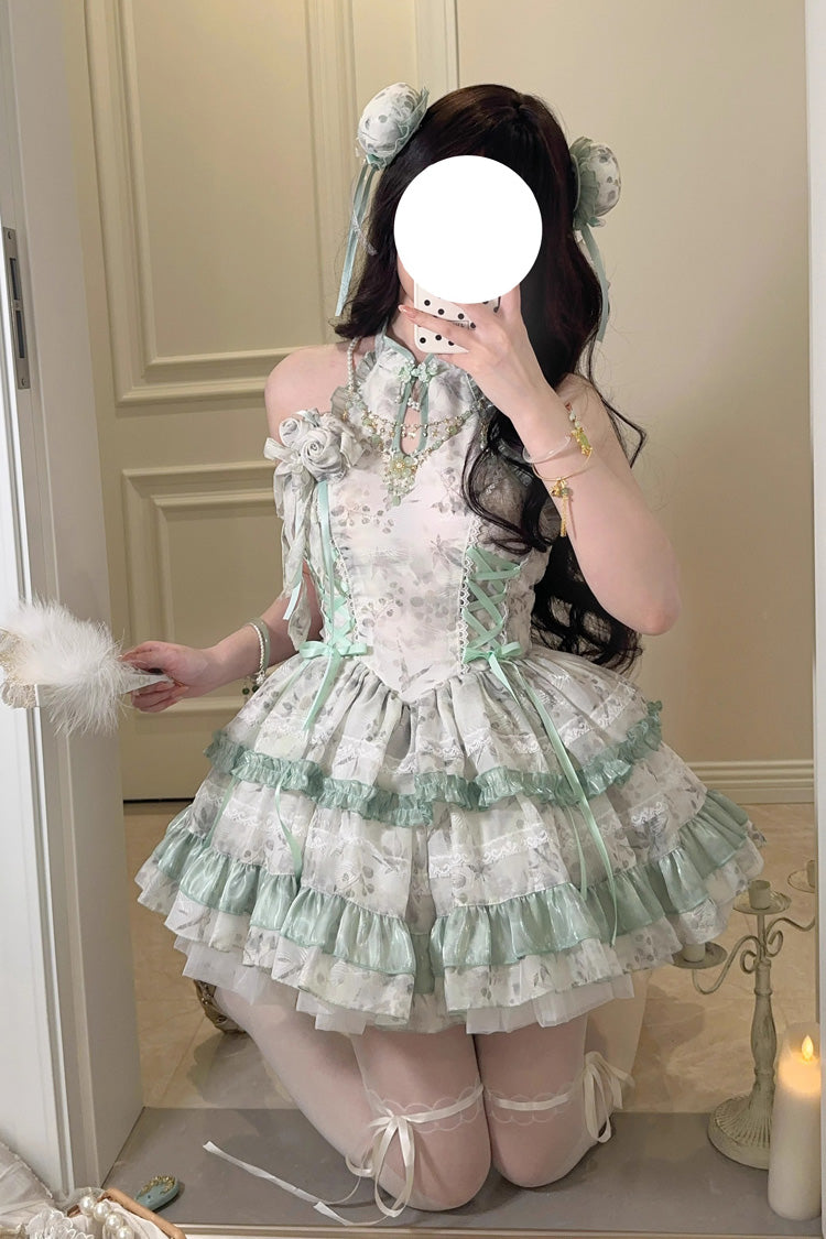 Peach Moon Bamboo Halterneck Multi-layer Print Ruffle Sweet Chinese Style Lolita Dress 2 Colors - Product - 7