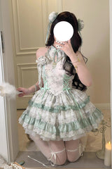 Peach Moon Bamboo Halterneck Multi-layer Print Ruffle Sweet Chinese Style Lolita Dress 2 Colors - Product - 7