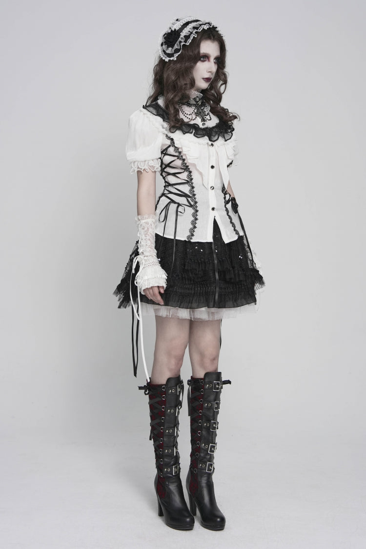 Black/White Stand Collar Short Sleeves Embroidered Lace Lace-Up Slim Pleated Women's Gothic Palace Blouse - Product - 2