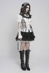 Black/White Stand Collar Short Sleeves Embroidered Lace Lace-Up Slim Pleated Women's Gothic Palace Blouse - Product - 2
