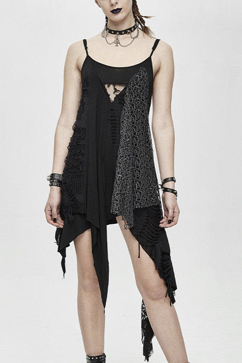 Black Asymmetrical Punk Torn Broken Holes Knitted Womens Slip Dress - Black - 1