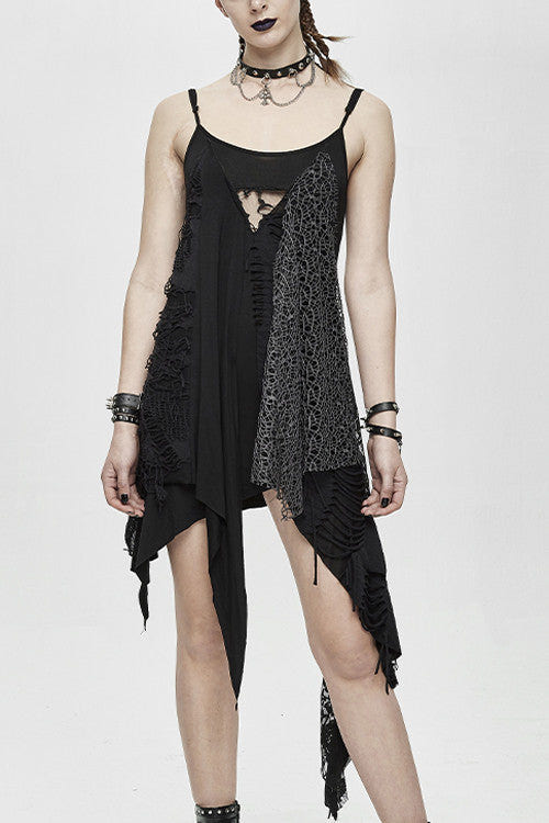 Black Asymmetrical Punk Torn Broken Holes Knitted Womens Slip Dress - Black - 1