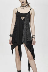Black Asymmetrical Punk Torn Broken Holes Knitted Womens Slip Dress - Black - 1