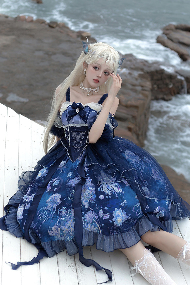 Blue [Deep Sea Jellyfish] Print Ruffle Lace Sweet Elegant Lolita Jsk Dress - Product - 11