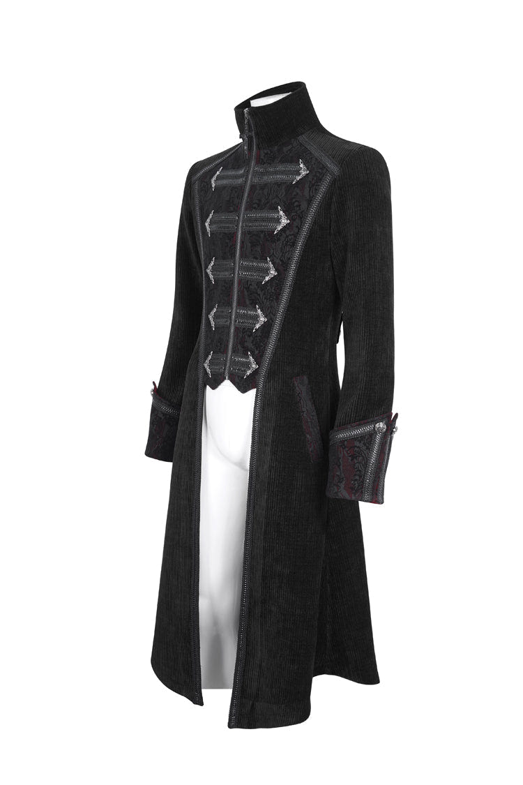 Black Stand Collar Long Sleeves Embroidery Slim Men's Gothic Coat - Product - 6