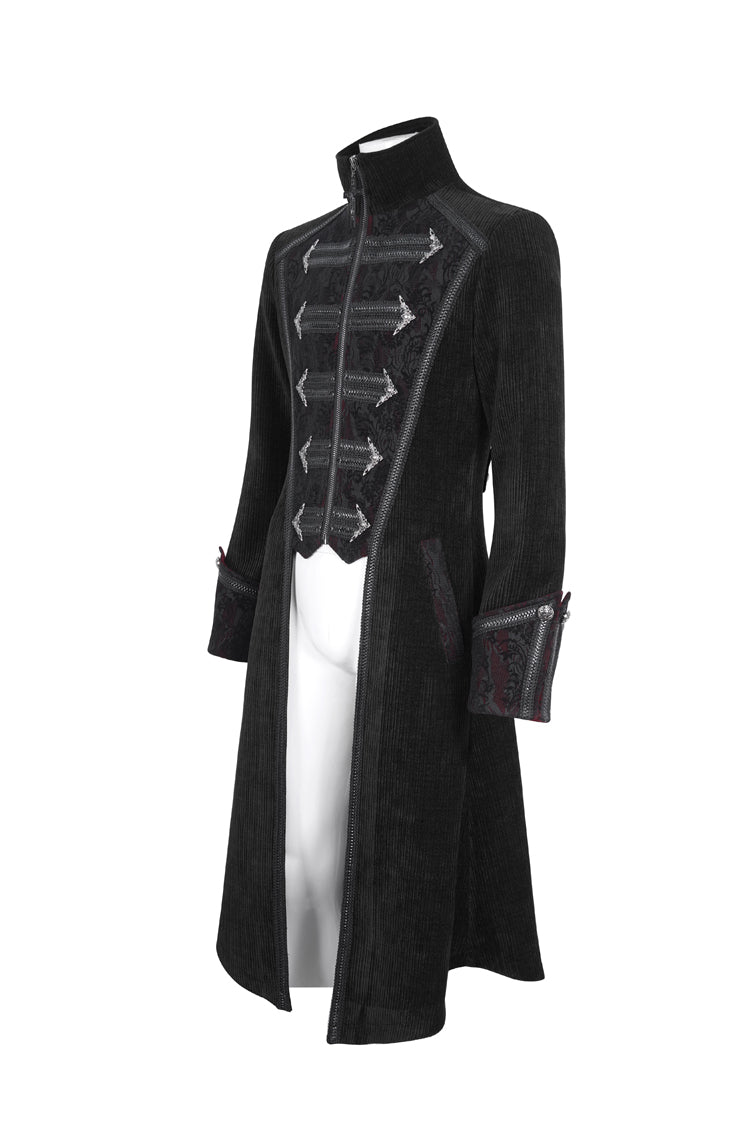 Black Stand Collar Long Sleeves Embroidery Slim Men's Gothic Coat - Product - 6