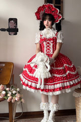 Red Polka Dots Print Ruffle Bowknot Lace-Up Sweet Lolita Dress - Product - 2