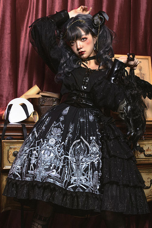 Dark Black Eye Of Red Heart Print High Waisted Gothic Lolita Skirt Dress - Product - 2