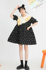 Black Ruffled Splicing Round Collar Bubble Short Sleeves Floral Print High Waisted Sweet Lolita Dress - Product - 4