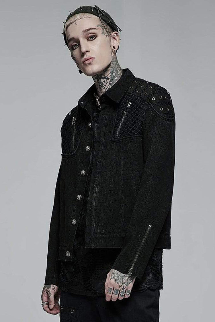 Black Punk Washed Aged Texture Rough Grain Splicing Mesh Metal Buttonholes Zipper Trim Long Sleeve Men's Coat - Product - 2