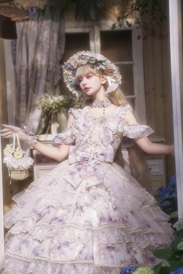 Blue [Rose Letter] Off Shoulder Triple-Layered Print Ruffle Hanayome Sweet Princess Lolita Dress - Product - 10
