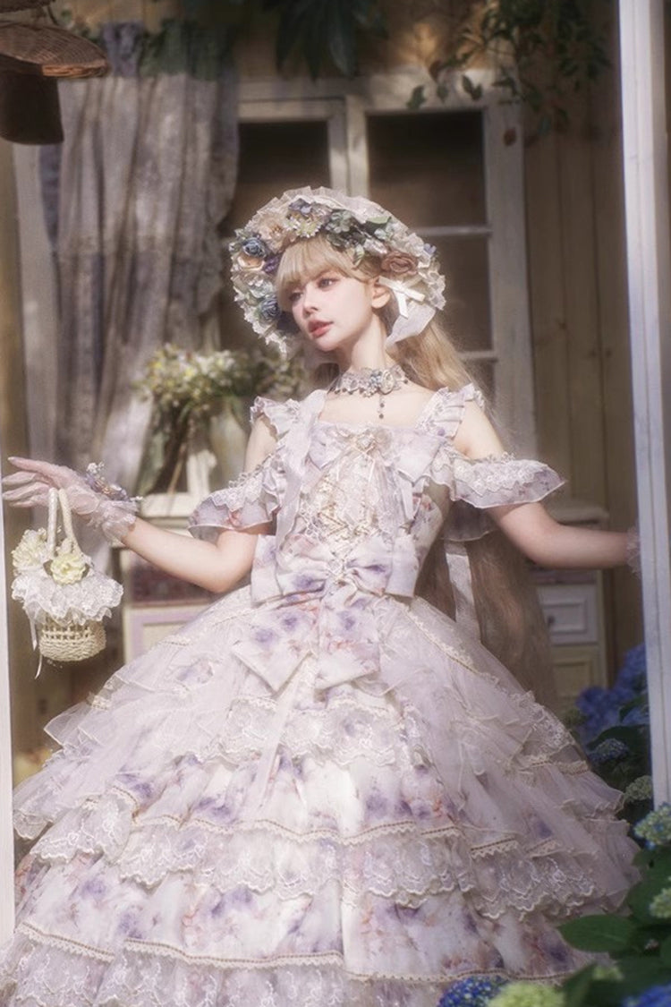 Blue [Rose Letter] Off Shoulder Triple-Layered Print Ruffle Hanayome Sweet Princess Lolita Dress - Product - 10