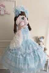 Blue [Sugar Heart Knot] Multi-Layered Ruffled Bow Lace Sweet Lolita Jsk Dress - Product - 7