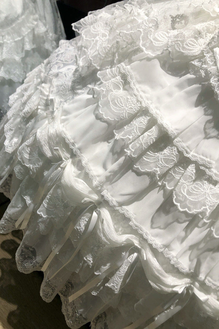 White [Eternal Floral Message] Square Collar Sleeveless Multi-Layered Hanayome Embroidered Bow Lace Sweet Lolita Jsk Dress - Product - 10