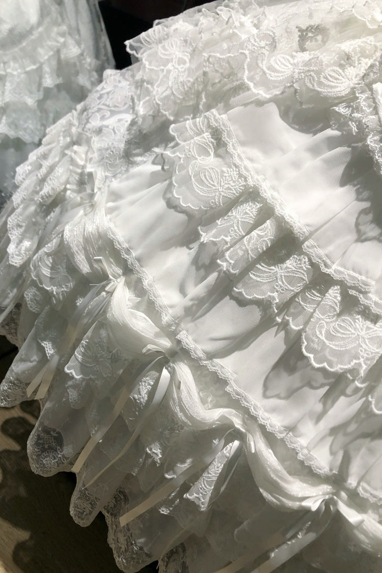 White [Eternal Floral Message] Square Collar Sleeveless Multi-Layered Hanayome Embroidered Bow Lace Sweet Lolita Jsk Dress - Product - 10
