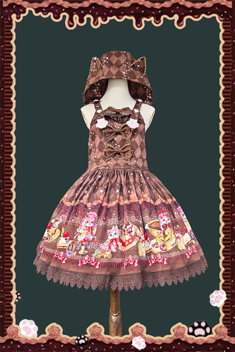 [Cream Meow] Sleeveless Print Bowknot Hooded Sweet Lolita Strap Dress 3 Colors - Brown - 5