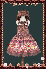 [Cream Meow] Sleeveless Print Bowknot Hooded Sweet Lolita Strap Dress 3 Colors - Brown - 5