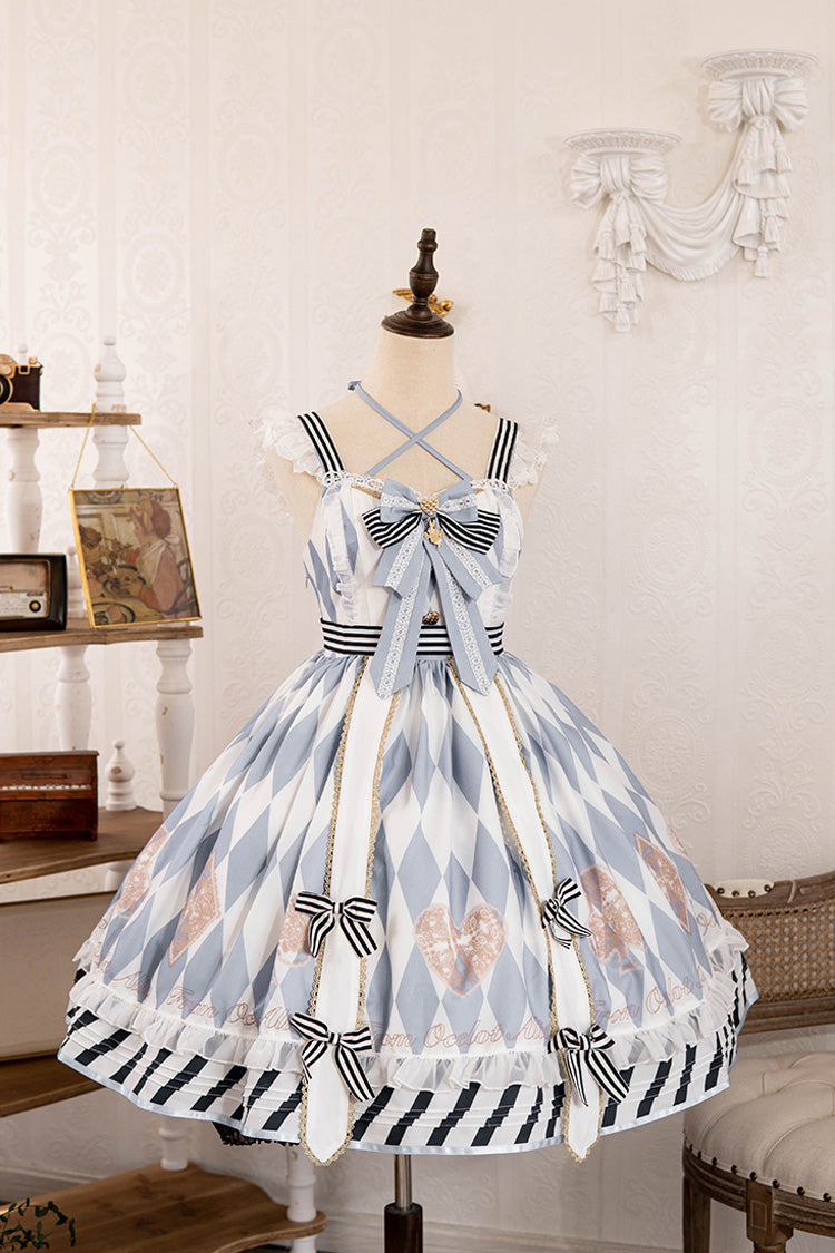 Light Blue Heart Print Bowknot Sweet Princess Alice Lolita Jsk Dress - Product - 6
