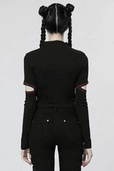 Comfortable Stitching Chain Cutout Turtleneck Ribbon Style Stretch Women's Punk T-Shirt 2 Colors - Product - 6