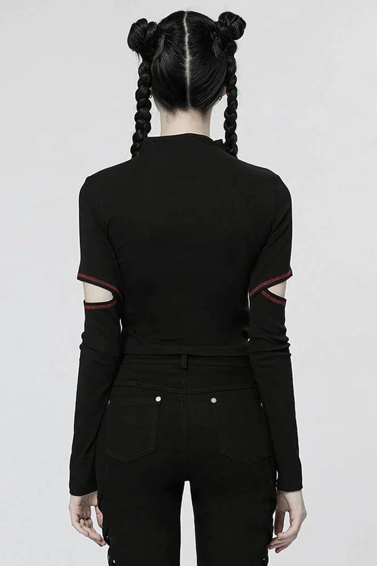 Comfortable Stitching Chain Cutout Turtleneck Ribbon Style Stretch Women's Punk T-Shirt 2 Colors - Product - 6