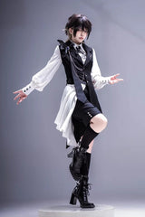 Black/White [Black Tea Concerto] Bow Asymmetric Ouji Fashion Gothic Prince Lolita Vest Top Shorts Set - Product - 2